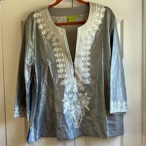 Craig Taylor 3/4 Sleeve V-Neck Linen Embroidered Tunic | Size‎ XL